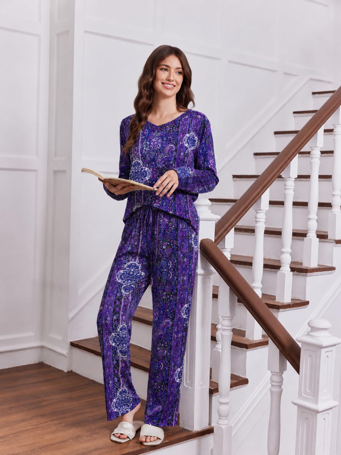 2 Pack: Women's Long Sleeve Pajama Sets - V Neck Top and Pants Lounge sets