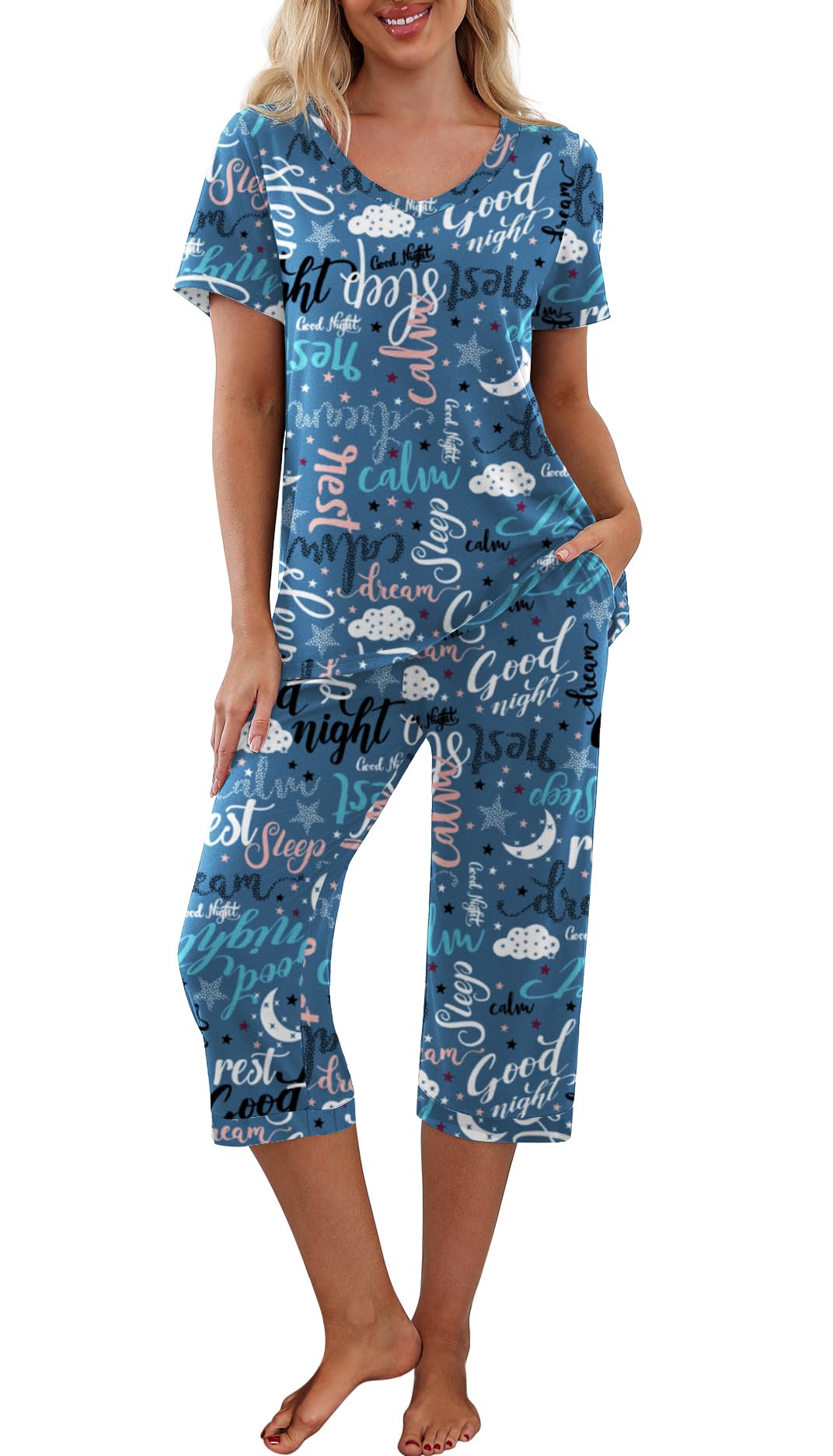 PrinStory Womens Pajama Sets Capri Pjs Soft Lounge Sets S-4XL