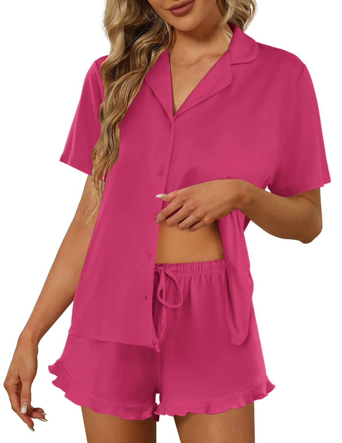Ekouaer Pajamas Set for Women Short Sleeve Sleepwear Button Down Ruffle Pjs