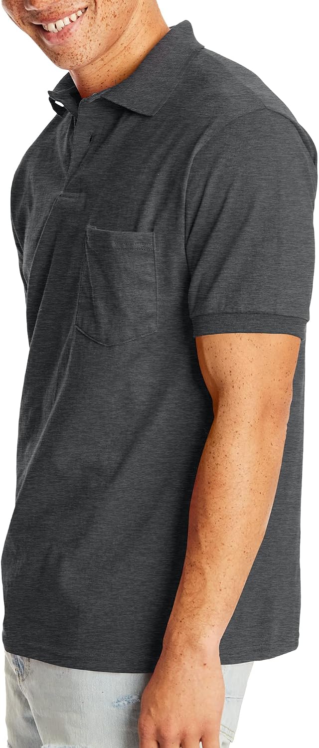 Hanes Men's Short-Sleeve Jersey Pocket Polo (Pack of 2), Charcoal Heather, 2X Large