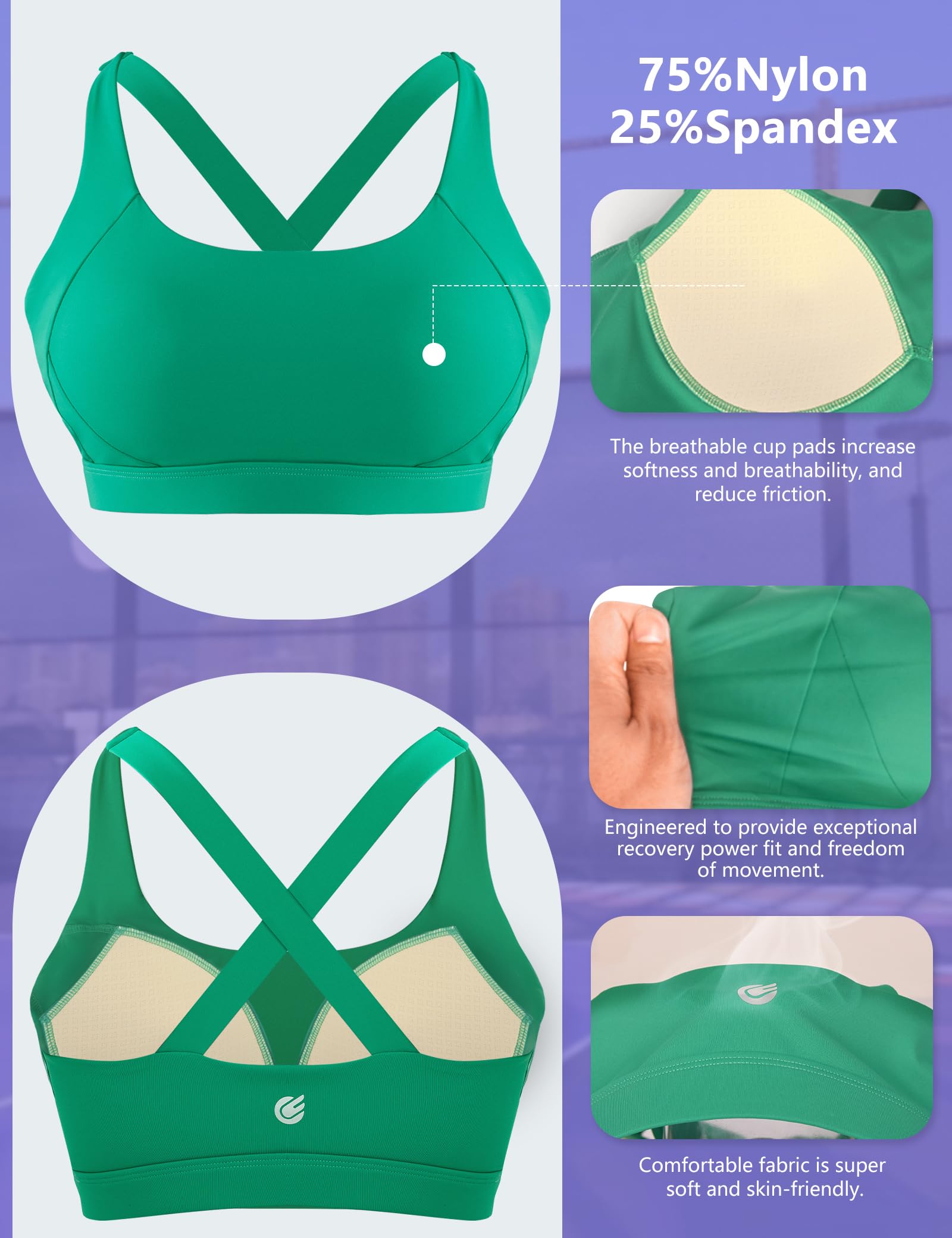 Cordaw Pickleball Sports Bras for Women High Support, Molded Cup Crisscross Back High Impact Workout Yoga Bra