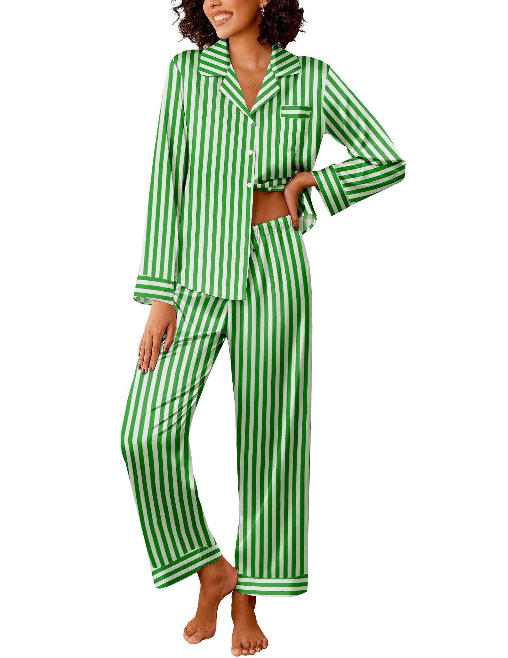 Ekouaer Womens Silk Satin Pajama Sets 2 Piece Pjs Set Stripe Sleepwear