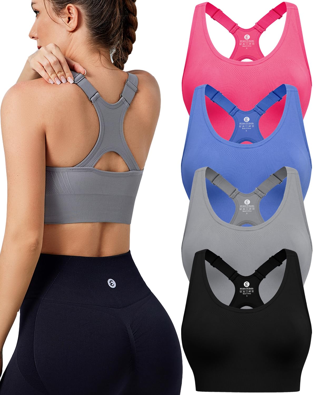 Evercute High Impact Sports Bras for Women 3/4/5 Pack, Adjustable Straps Padded Supportive Seamless Racerback Running Bras