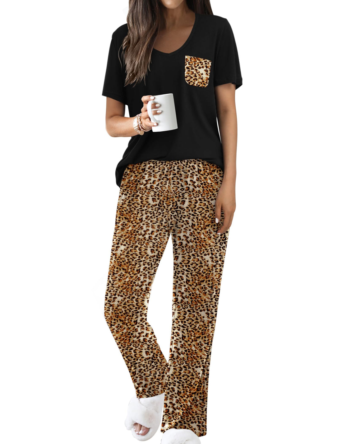 Ekouaer Pajama Sets for Women 2 Piece Short Sleeve Pj V Neck Chest Pocket