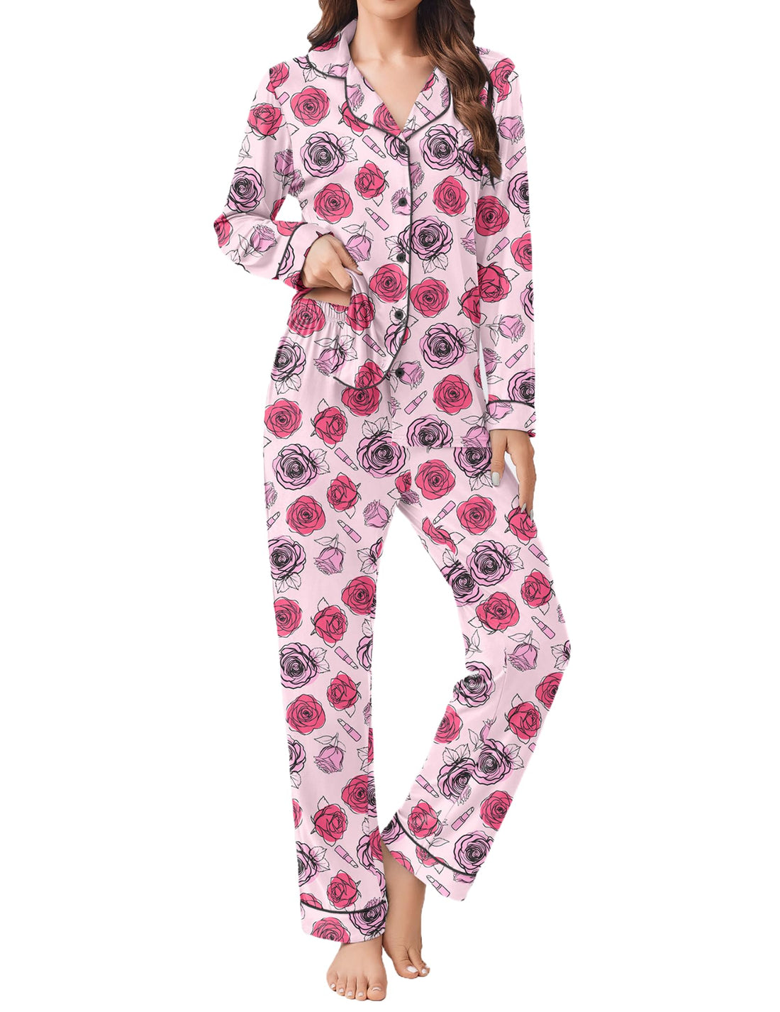Ekouaer Womens Pajamas Set Button Down Long Sleeve Top & Pants Lounge Sets