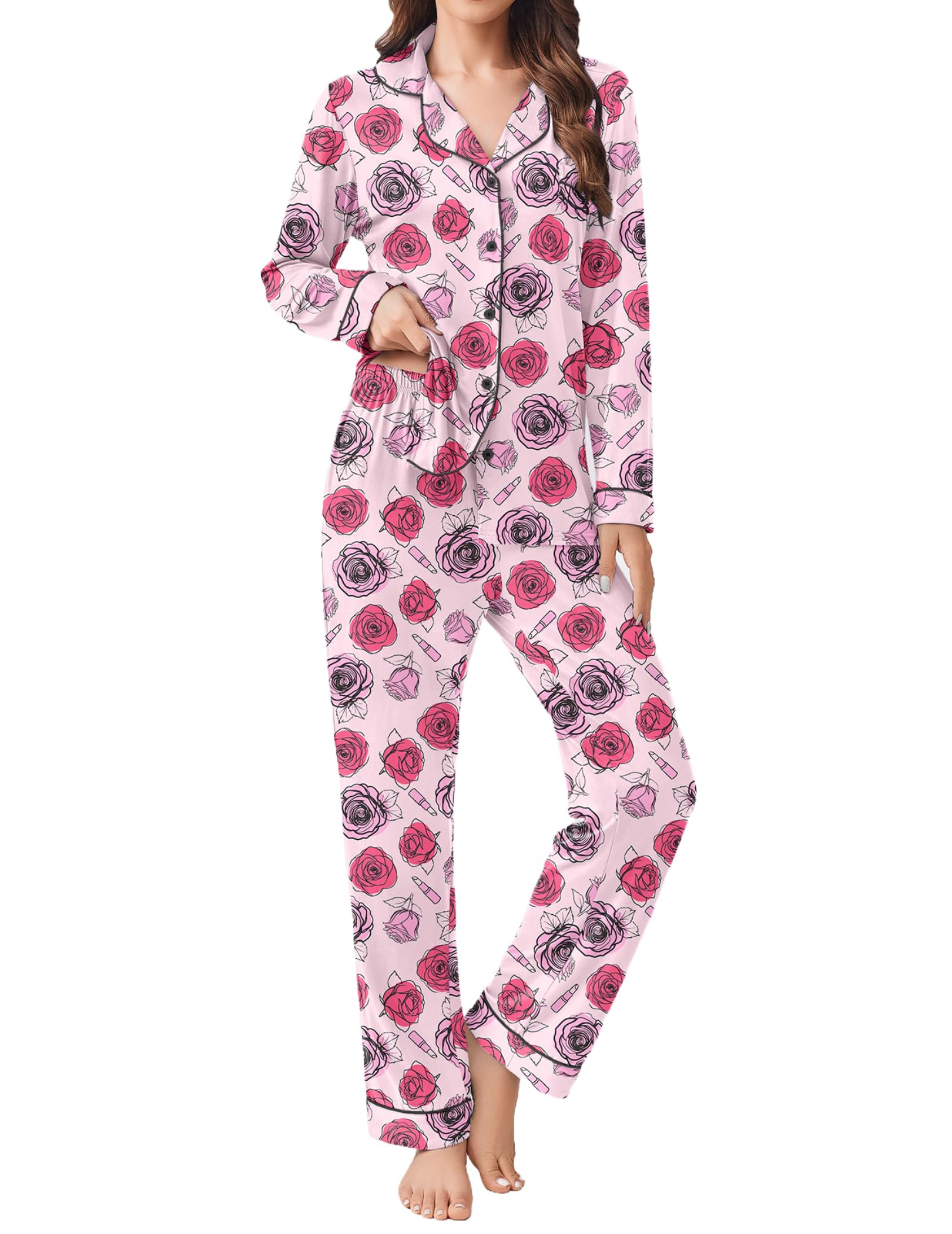 Ekouaer Womens Pajamas Set Button Down Long Sleeve Top & Pants Lounge Sets