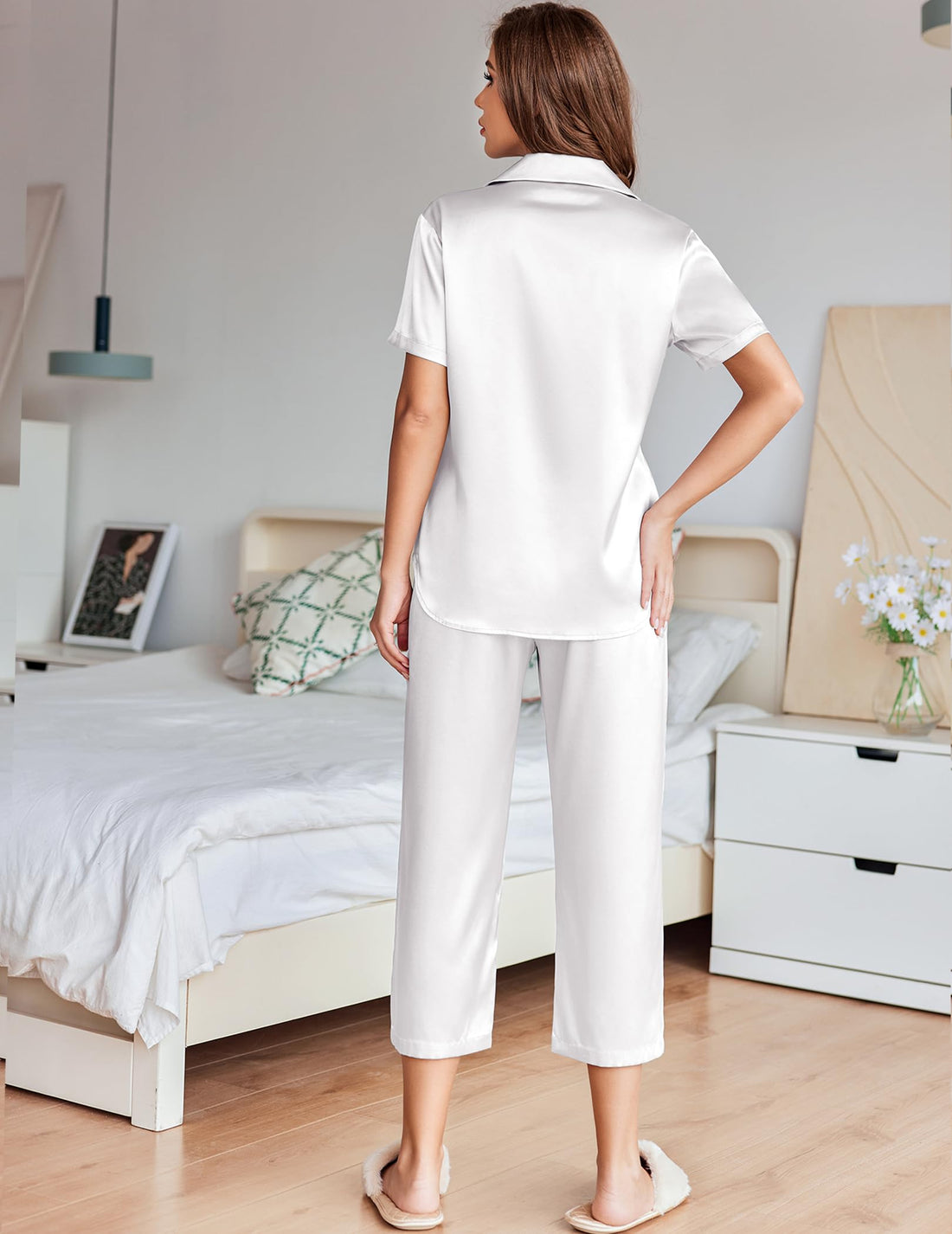 Ekouaer Womens Satin Silky Capri Pajamas Short Sleeve Button Down Sleepwear