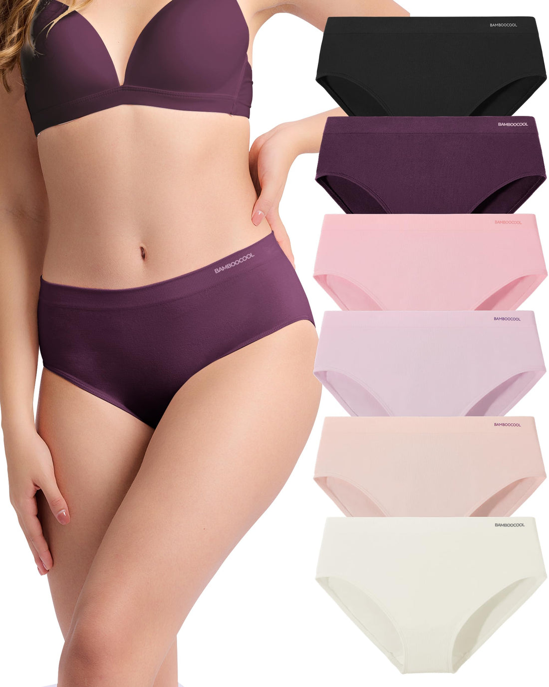 Women's Bamboo Seamless Bikini Panties Moisture-Wicking Stretchy Breathable Hipster Coverage Ladies Underwear 6-pack