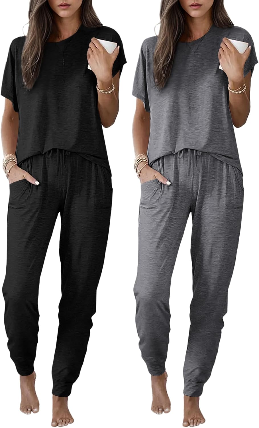 Ekouaer 2 Pack Womens Pajama Short Sleeve Jogger Pants Pjs Lounge Set