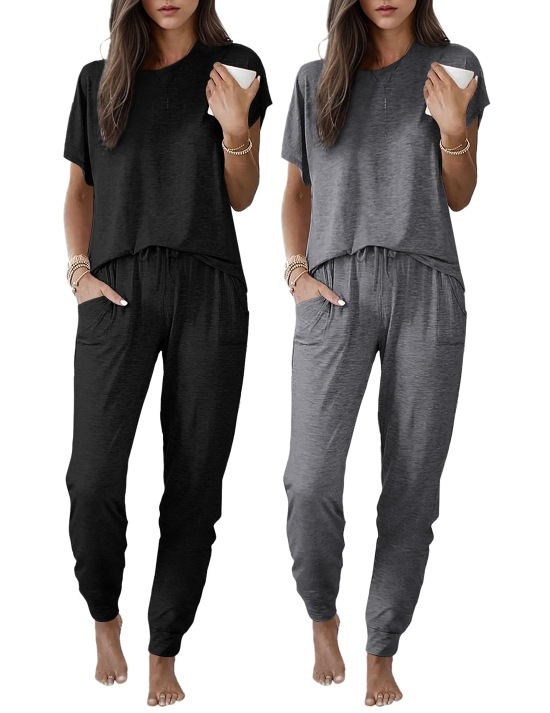 Ekouaer 2 Pack Womens Pajama Short Sleeve Jogger Pants Pjs Lounge Set
