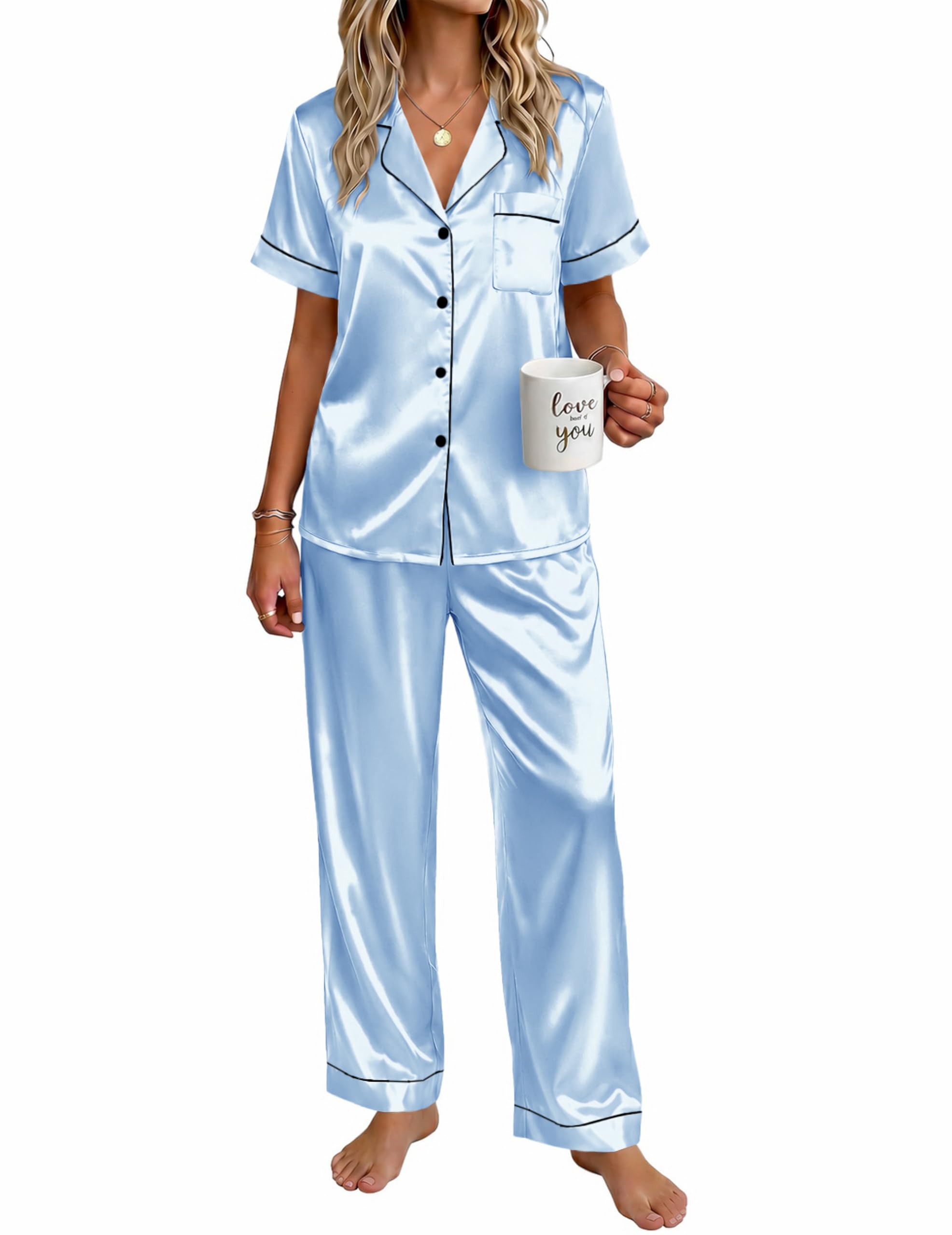 Ekouaer Womens Satin Pajama Set Silky Short Sleeve Button Down Pj Set