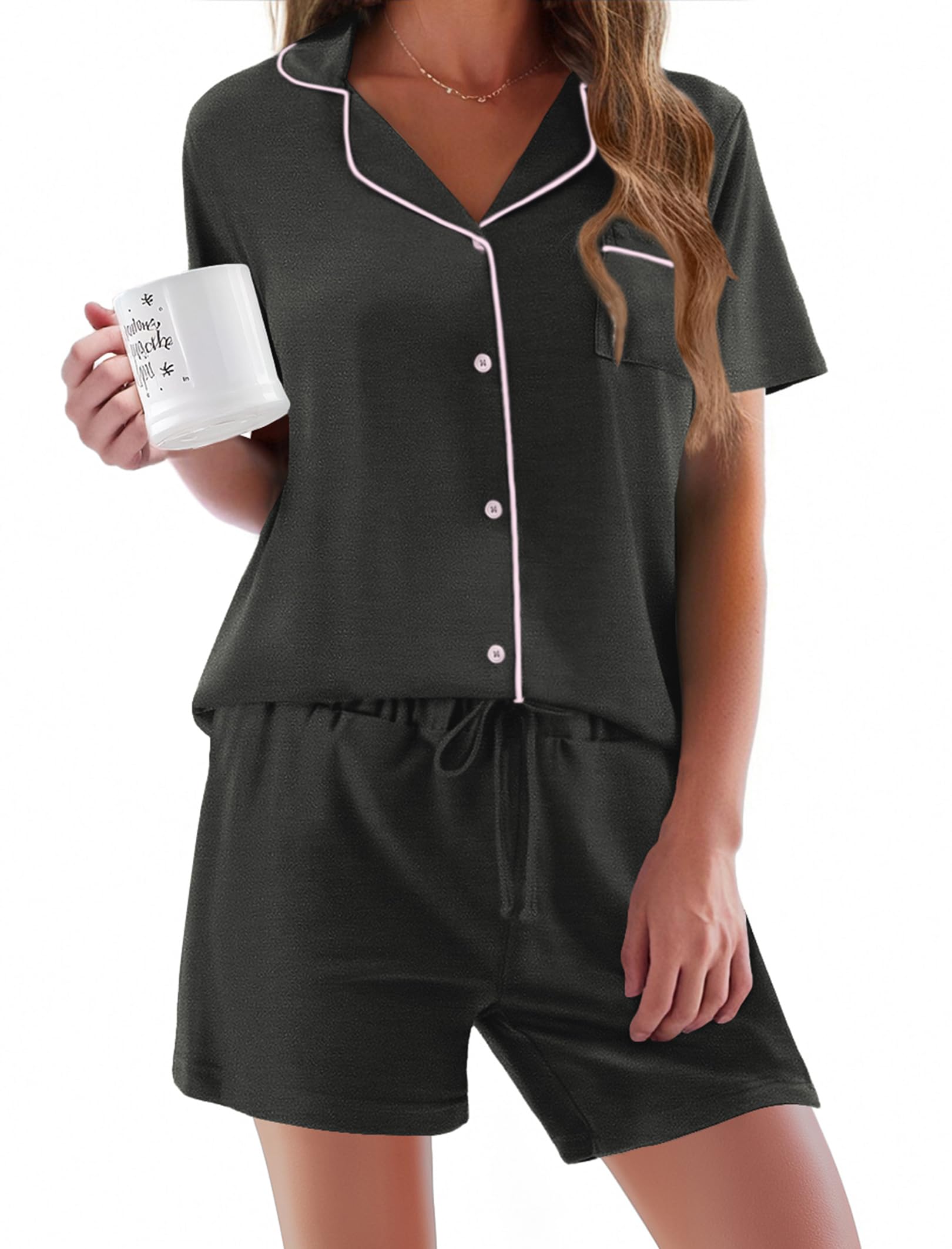 Ekouaer Pajamas Set for Women Short Sleeve Sleepwear Button Down Pj XS-XXXL