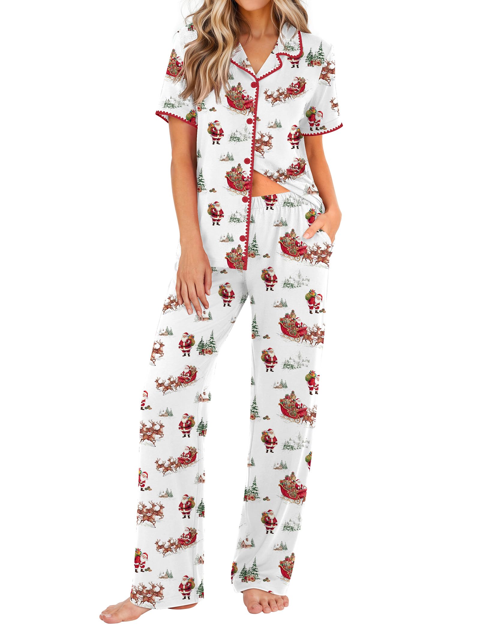 Ekouaer Womens Pajamas Set Button Down Loungewear Short Sleeve Pants Pjs