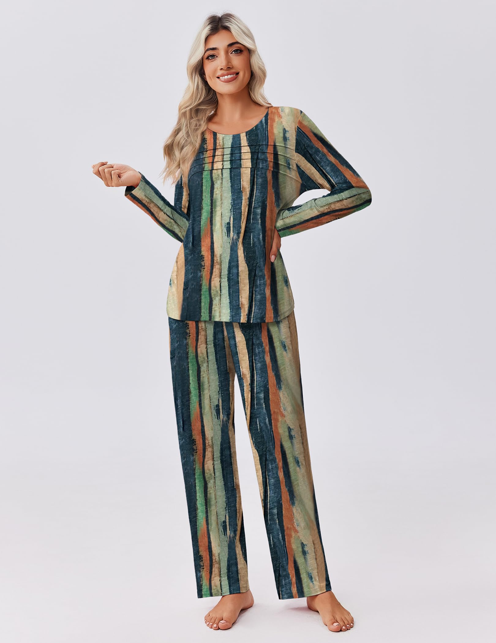Ekouaer Womens Pajama Sets Pleated Tops with Long Sleeve Fall Lounge Set