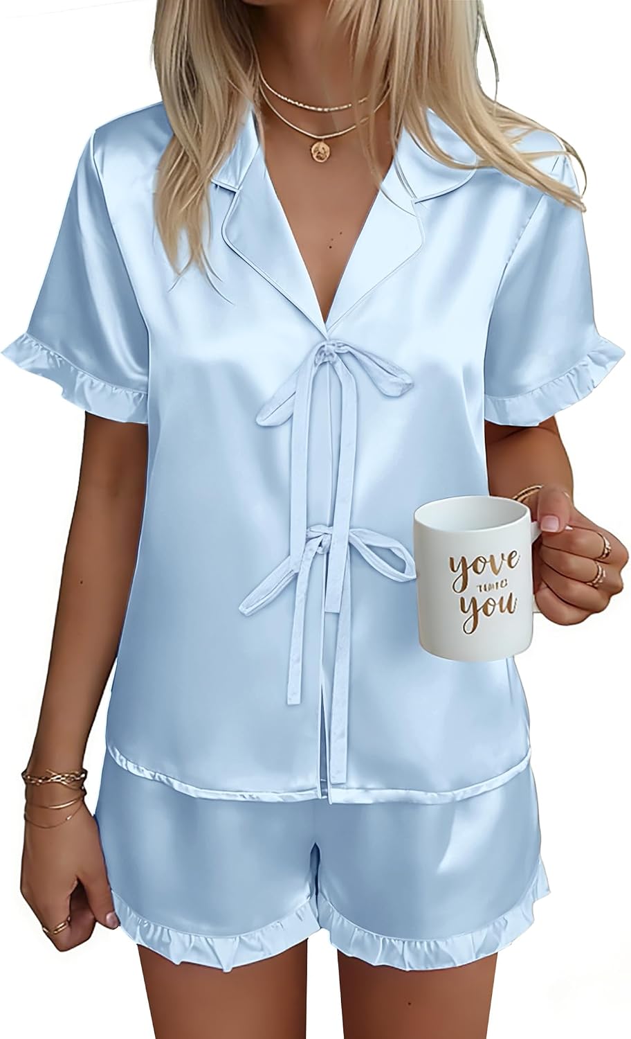 Ekouaer Satin Pajama for Women Short Sleeve Silky Pj Short Sets Lounge Set