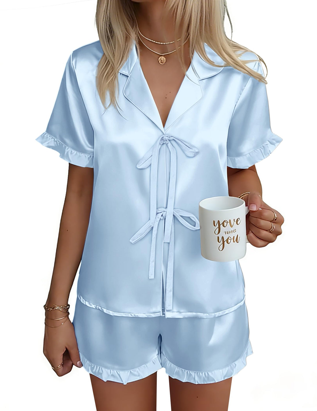 Ekouaer Satin Pajama for Women Short Sleeve Silky Pj Short Sets Lounge Set