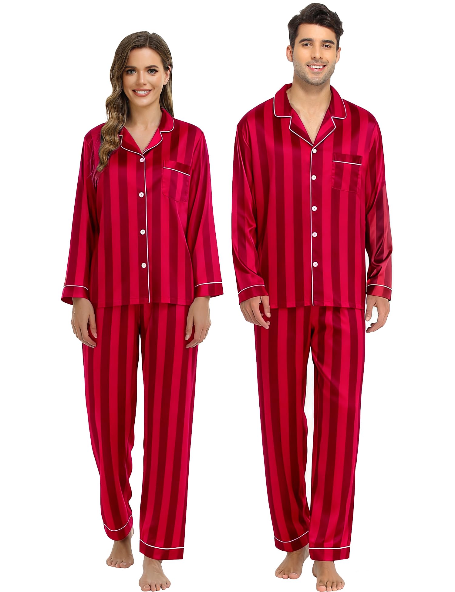 SWOMOG Family Matching Pajamas Set Silk Satin Button Down Sleepwear Long Sleeve Nightwear 2 Pcs Pj Set S-XXL