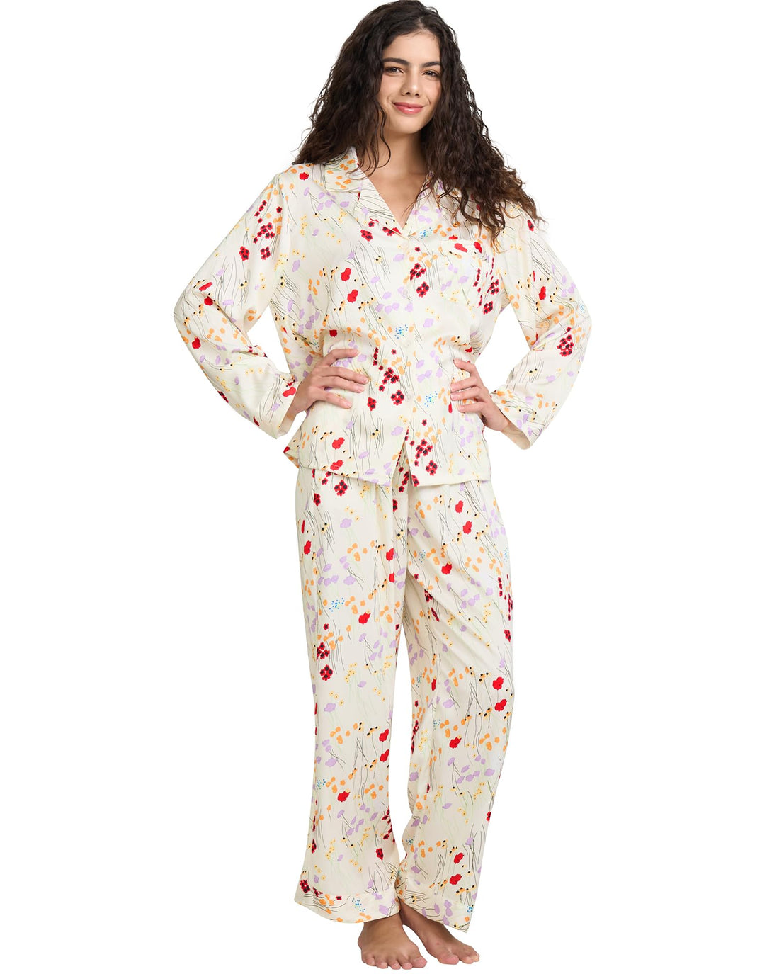 YiNi LuLu Womens Silk Satin Pajamas Set Button Down 2 Piece Pjs Long Sleeve Oversized Sleepwear with Pockets
