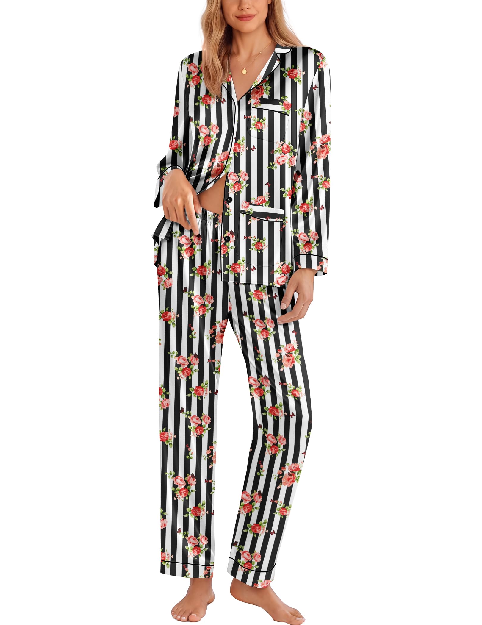 Ekouaer Pajamas for Women Silk Satin Button Down Long Sleeve Pajama Sets