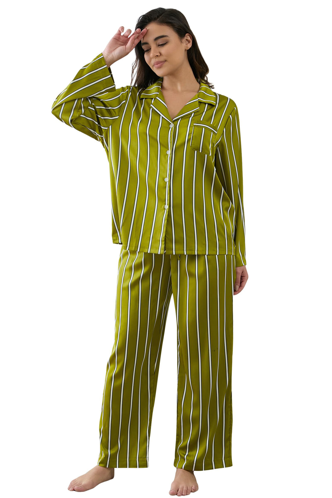 YiNi LuLu Womens Silk Satin Pajamas Set Button Down 2 Piece Pjs Long Sleeve Oversized Sleepwear with Pockets
