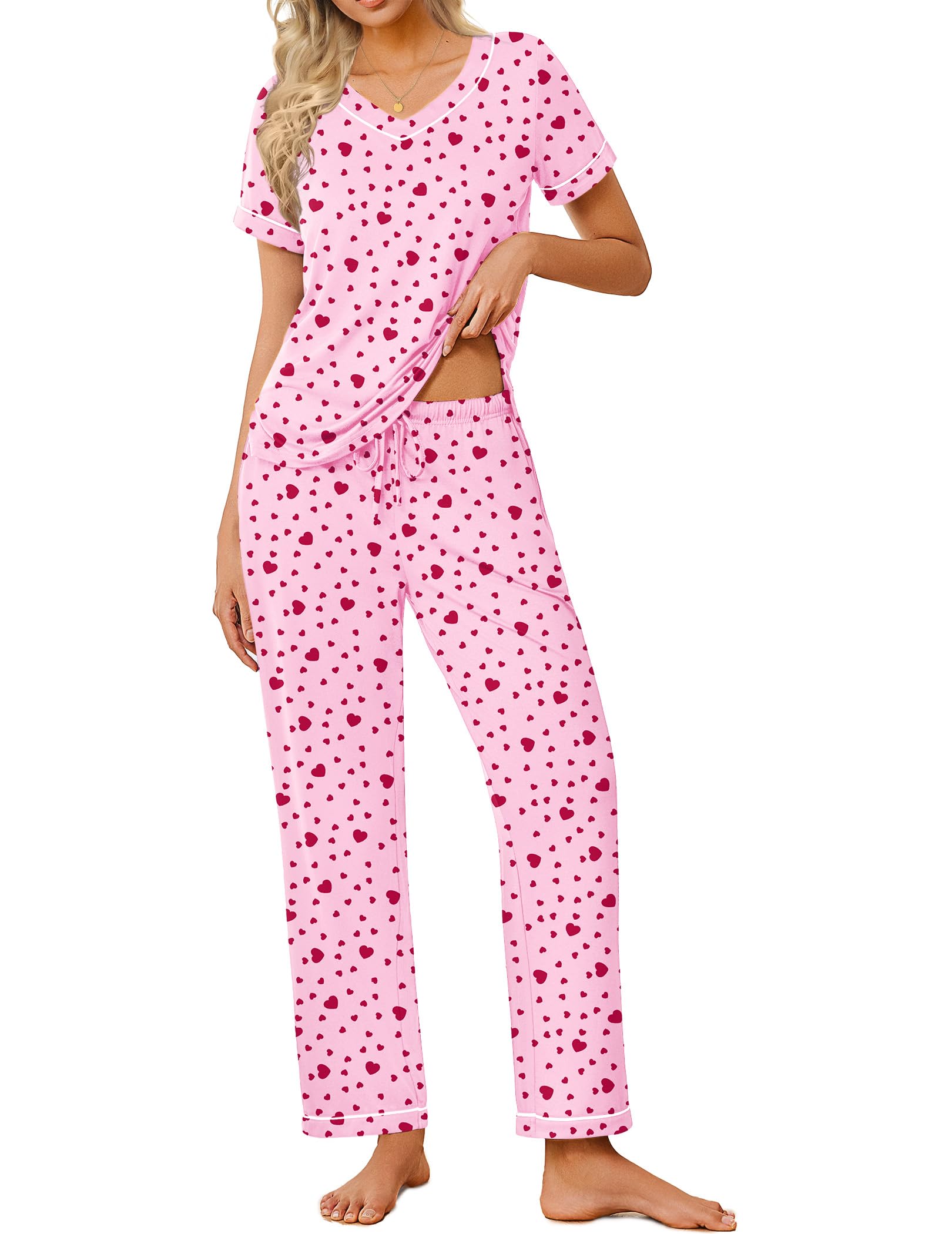 Ekouaer Pajamas for Women Set 2 Piece Lounge Set Soft Pajama Sets Short Sleeve and Pants Pj Sets Loose Sleepwear with Pockets