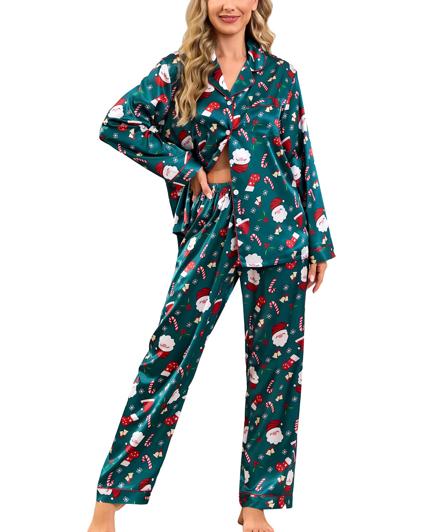 SWOMOG Womens Silk Satin Pajamas Set Long Sleeve Button Down Sleepwear 2 Piece Lounge Set Pj Set XS-3XL