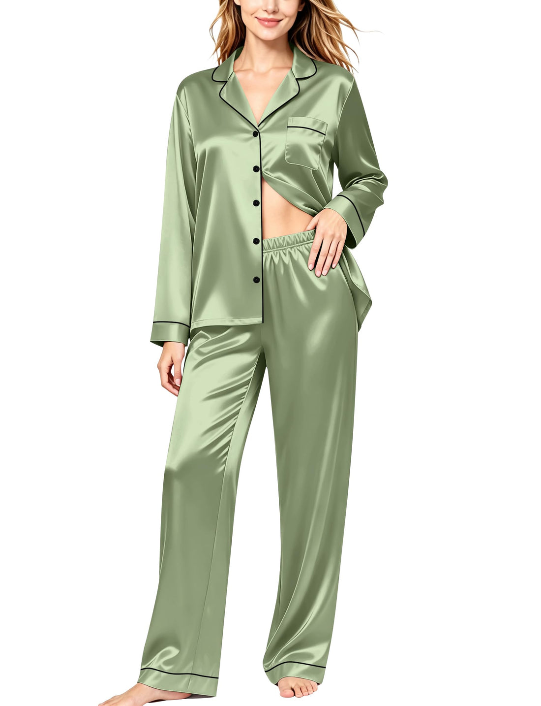 SWOMOG Womens Silk Satin Pajamas Set Long Sleeve Button Down Sleepwear 2 Piece Lounge Set Pj Set XS-3XL