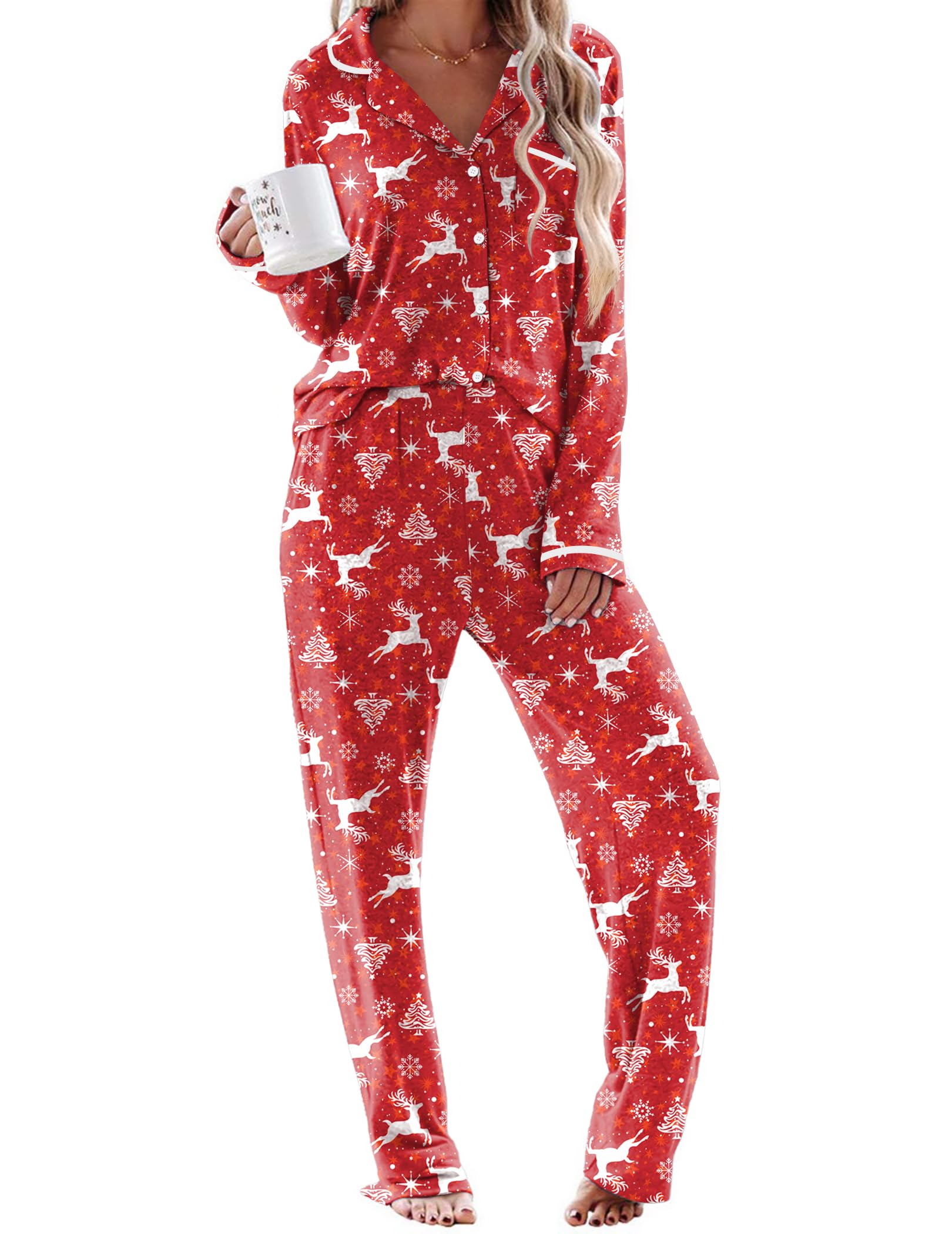 Ekouaer Womens Pajama Sets Long Sleeve Button Down 2 Piece Soft Pjs