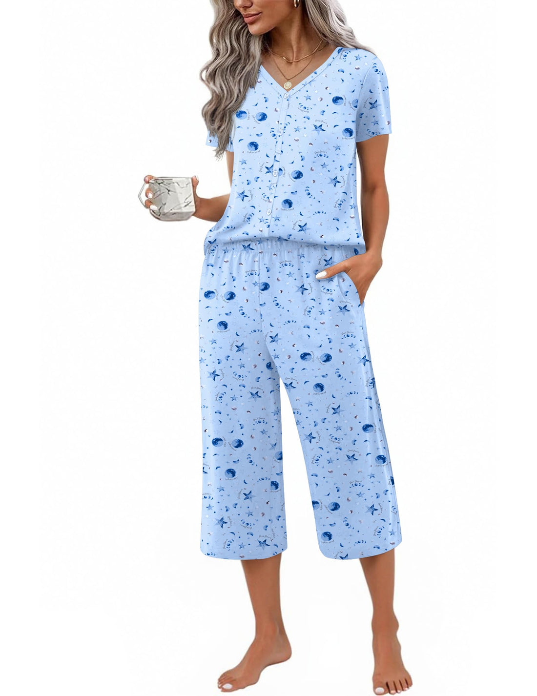 Ekouaer Women's Pajama Sets Short Sleeve Sleepwear Button Up Pj Loungewear Top and Capri Pants with Pockets