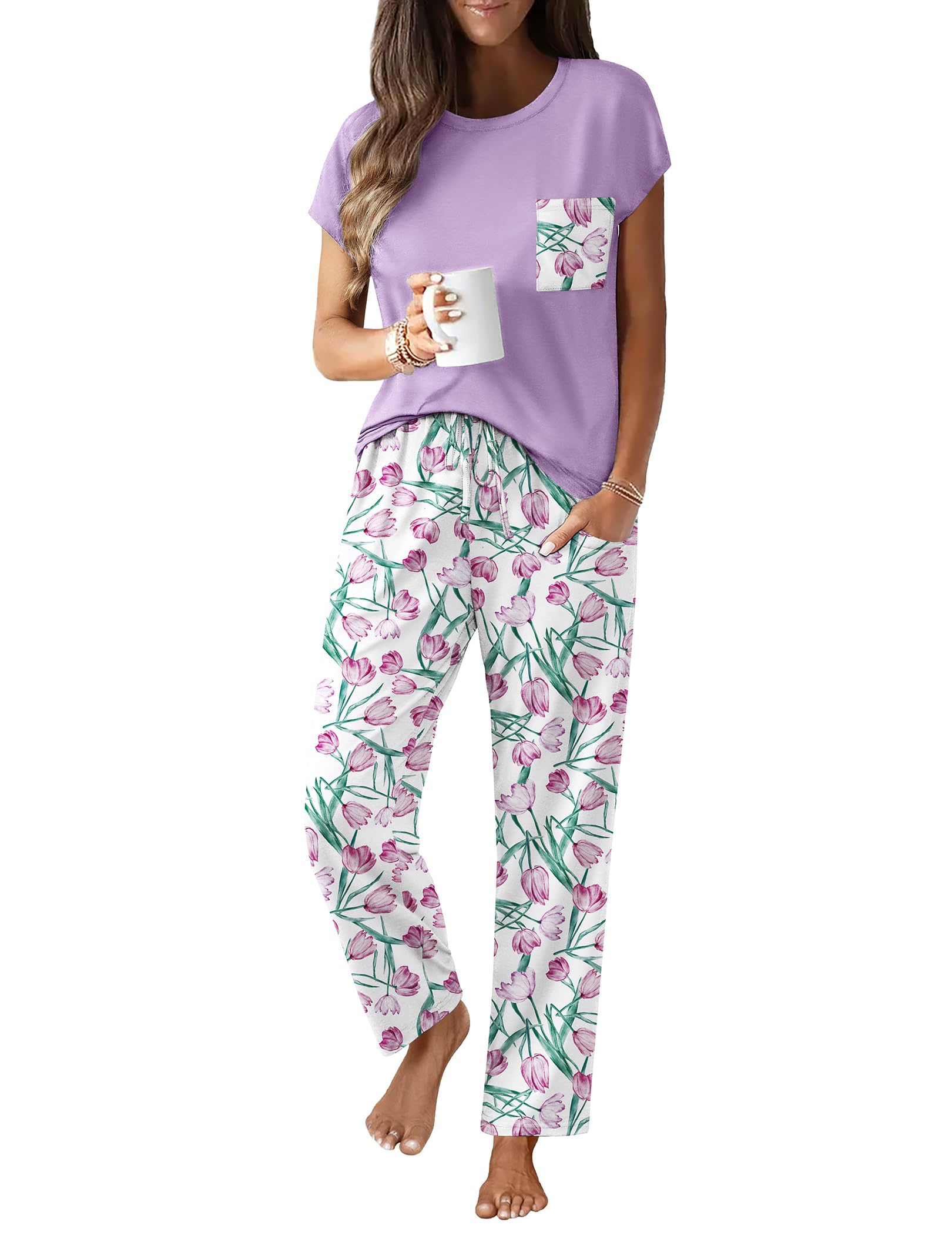 Ekouaer Womens Pajama Sets 2 Pcs Short Sleeve Lounge Set with Pockets