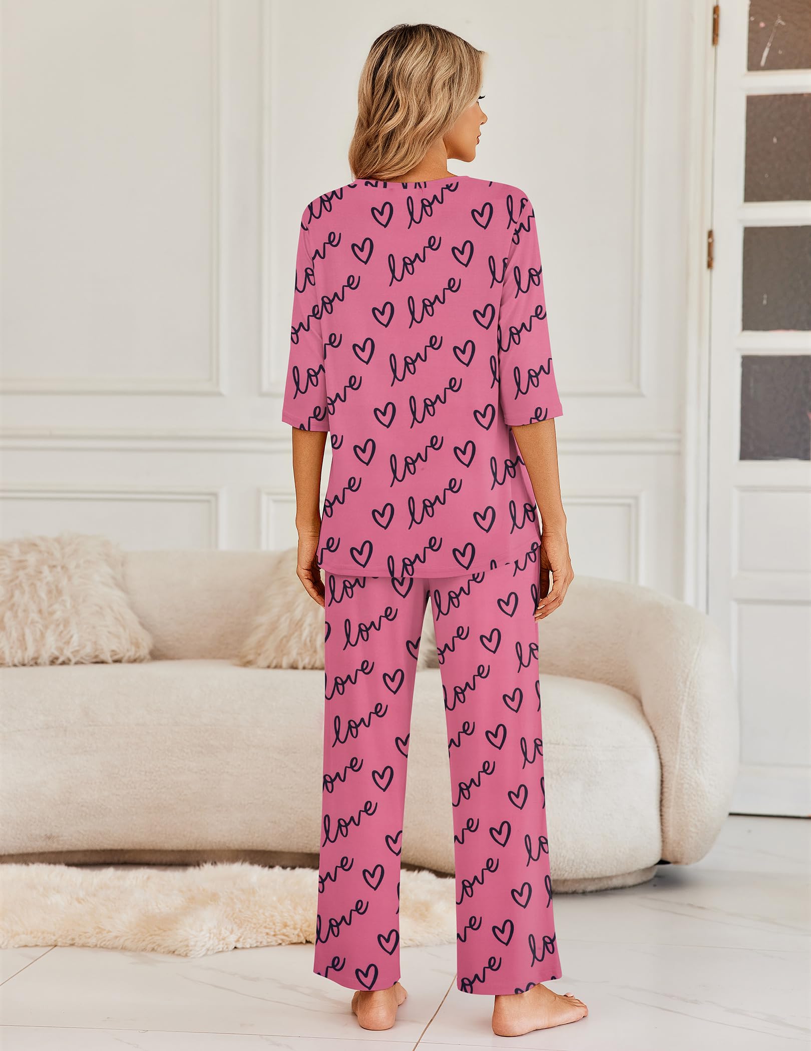 Ekouaer Womens Pajamas Set 2 Piece 3/4 Sleeve Tops Long Pants Pj Set