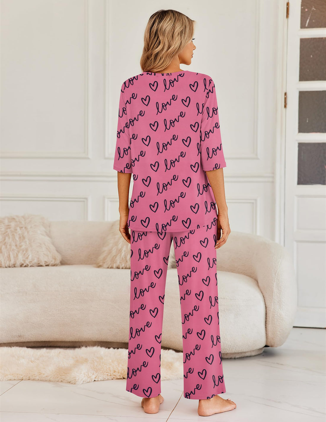 Ekouaer Womens Pajamas Set 2 Piece 3/4 Sleeve Tops Long Pants Pj Set