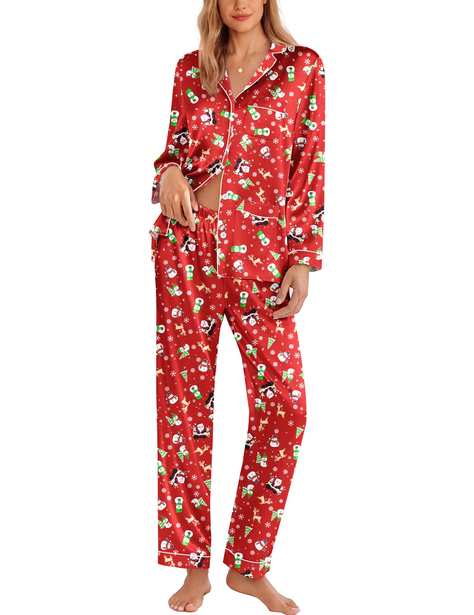 Ekouaer Pajamas for Women Silk Satin Button Down Long Sleeve Pajama Sets