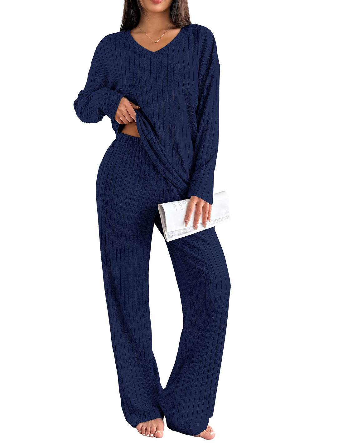Ekouaer Lounge Sets for Women Long Sleeve Knit Ribbed Pajama Sets 2 Piece Casual Loungewear with Pockets