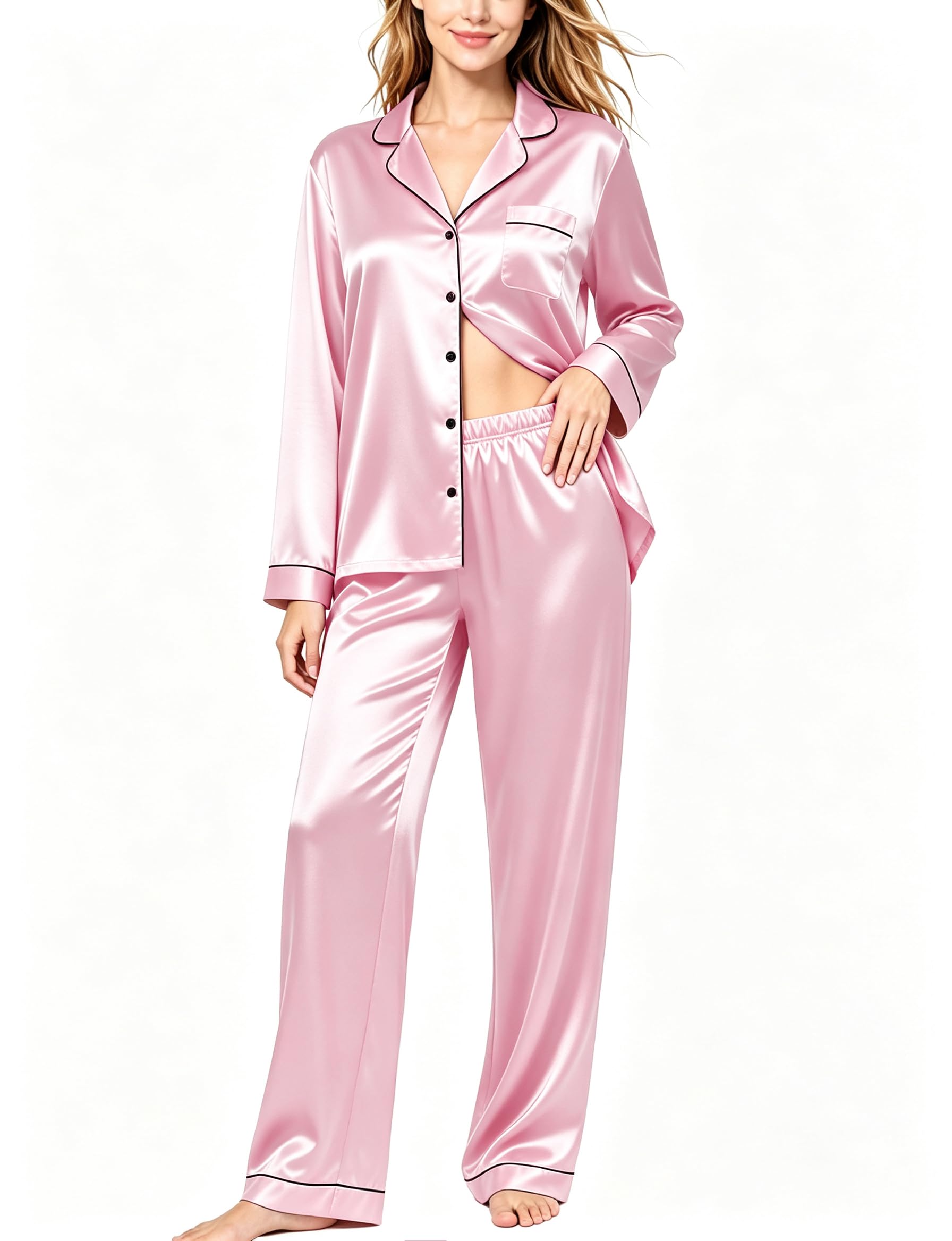 SWOMOG Womens Silk Satin Pajamas Set Long Sleeve Button Down Sleepwear 2 Piece Lounge Set Pj Set XS-3XL