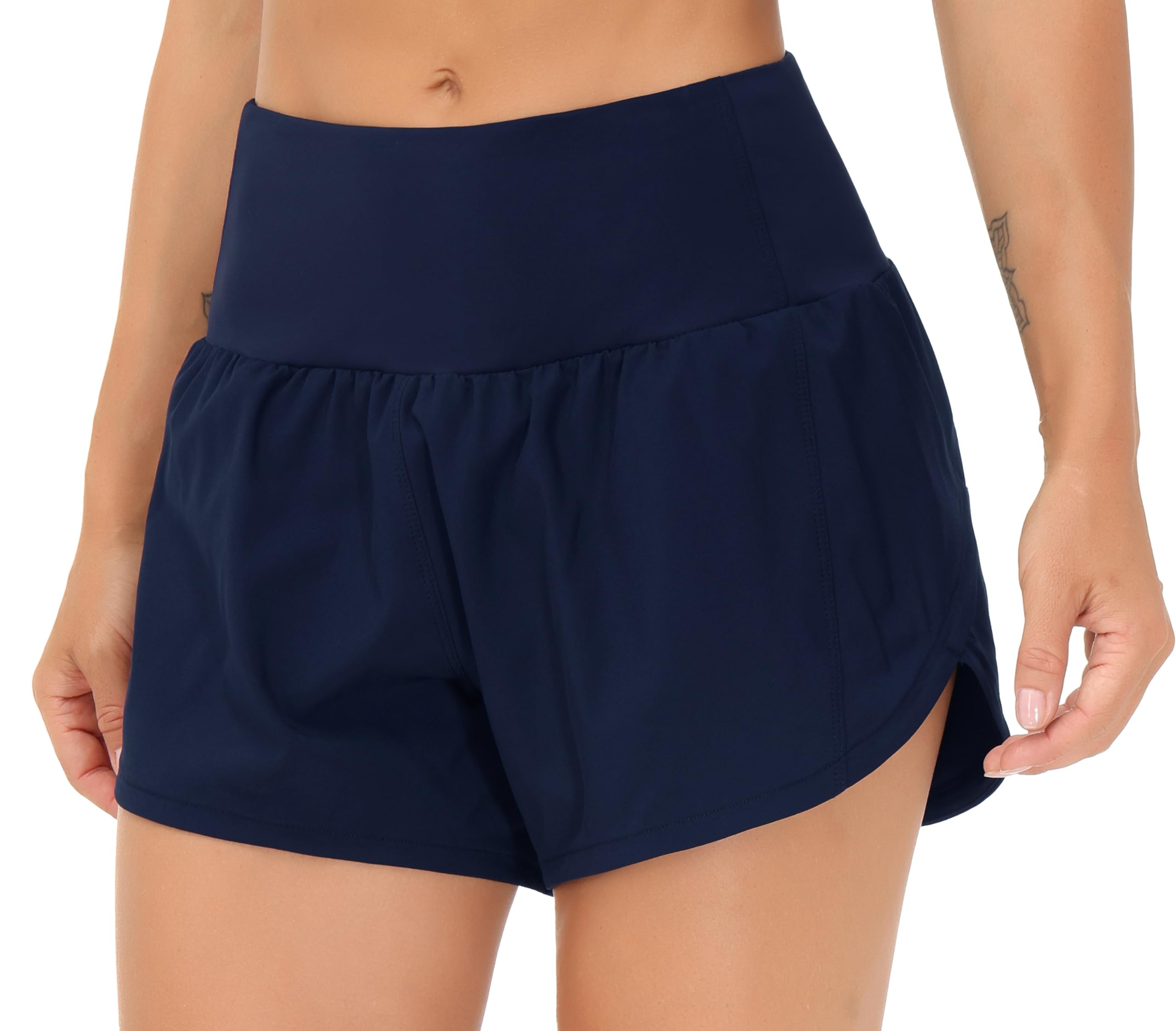 THE GYM PEOPLE Women's High Waisted Running Shorts Quick Dry Workout Shorts | High Waist, Slim Fitted, Built-in Mesh Lined, Back Zipper Pockets, Lightweight, Breathable, Side Slit