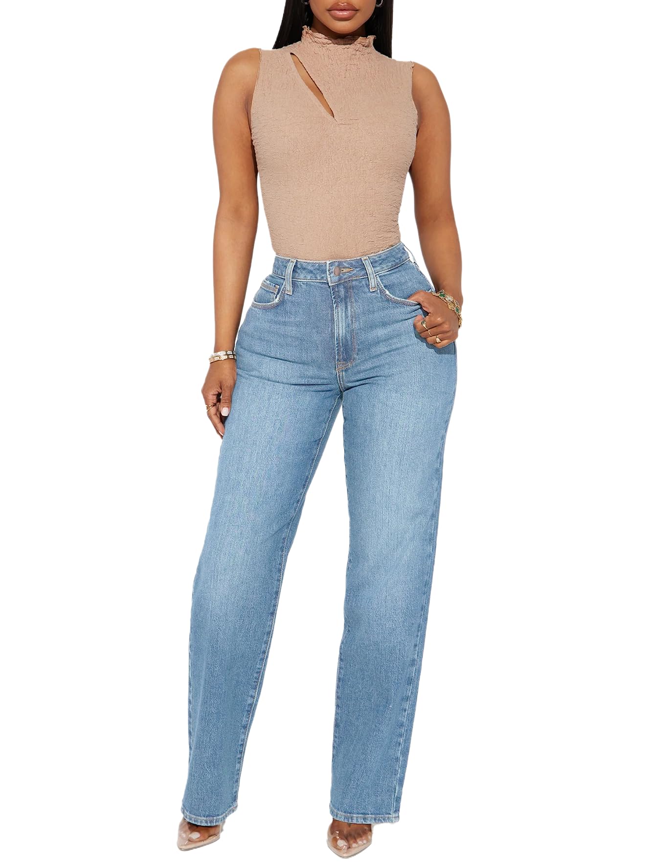 BessCops Straight Leg Jeans for Women High Waisted Wide Leg Stretchy Loose Denim Pants