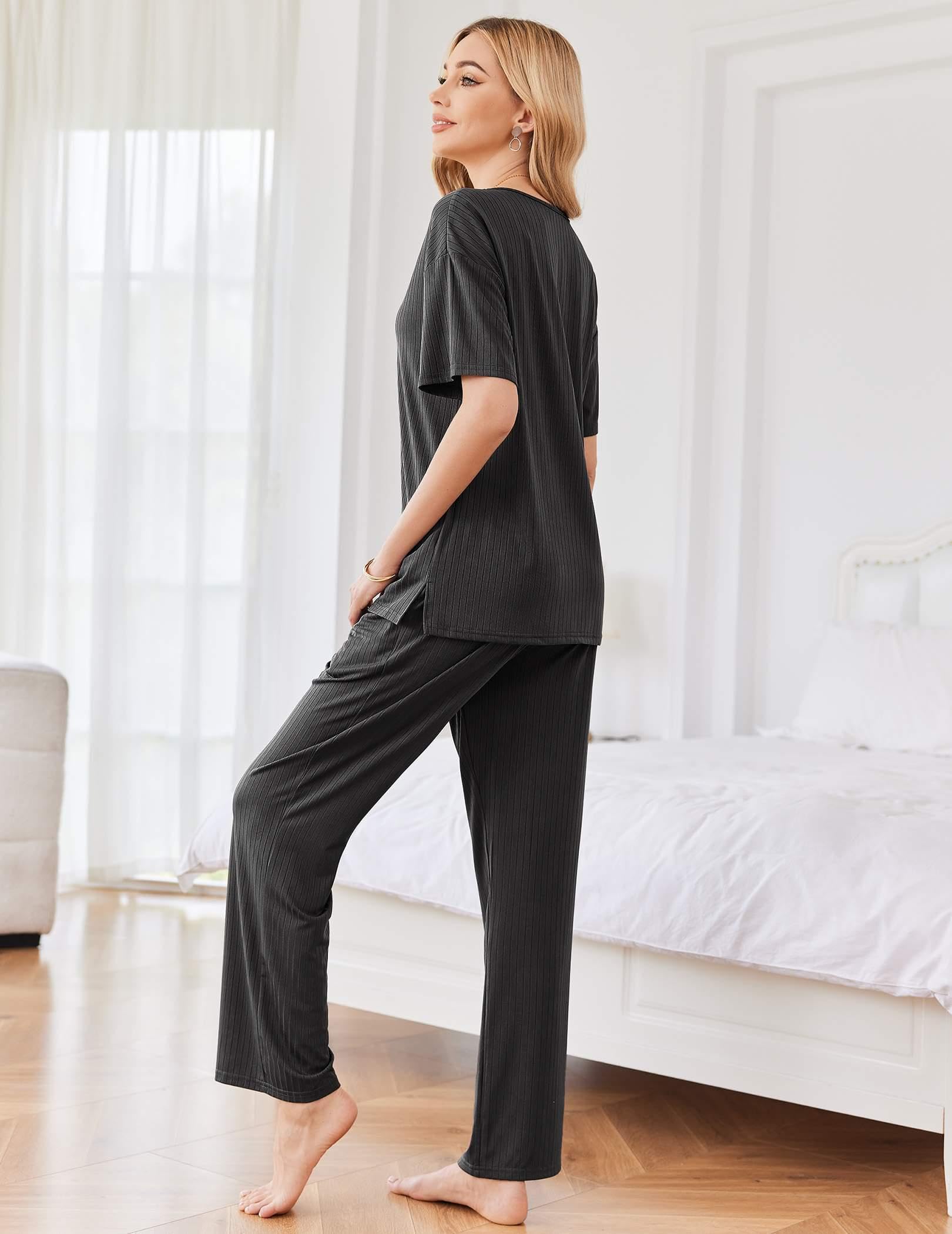 Ekouaer Womens Ribbed Knit Lounge Set Short Sleeve Top and Long Pants Sleepwear Pajama Set Two Piece Matching Outfits Set