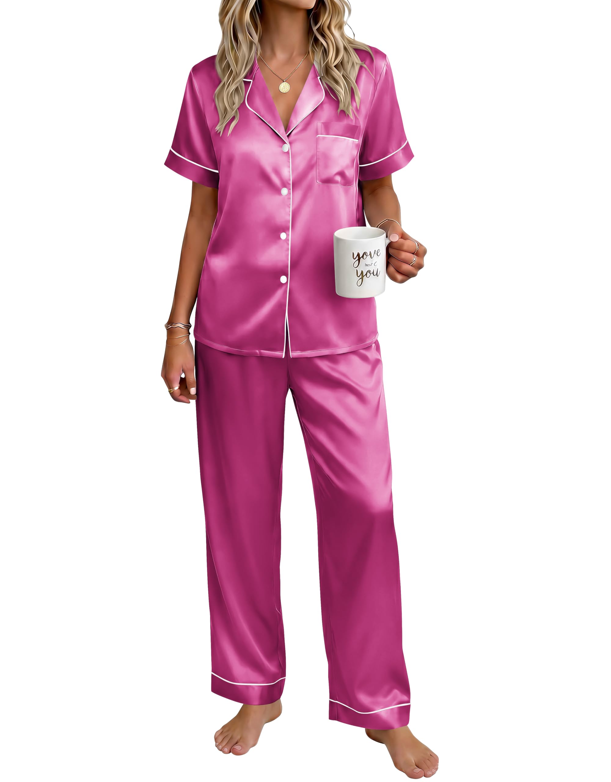 Ekouaer Womens Satin Pajama Set Silky Short Sleeve Button Down Pj Set