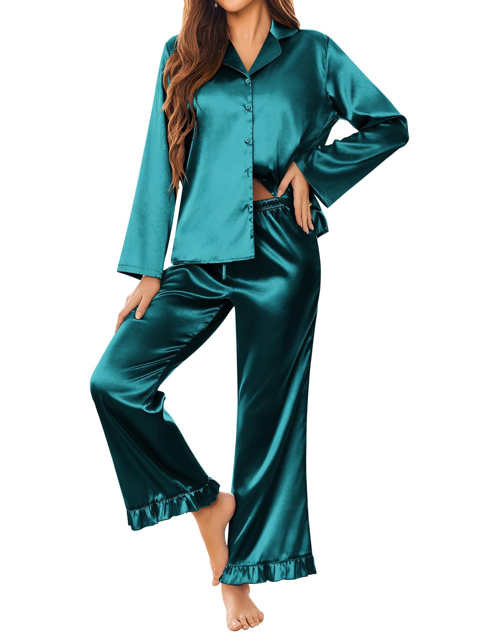 Ekouaer Satin Pajama Set for Women Long Button Down Silk Pj with Ruffle