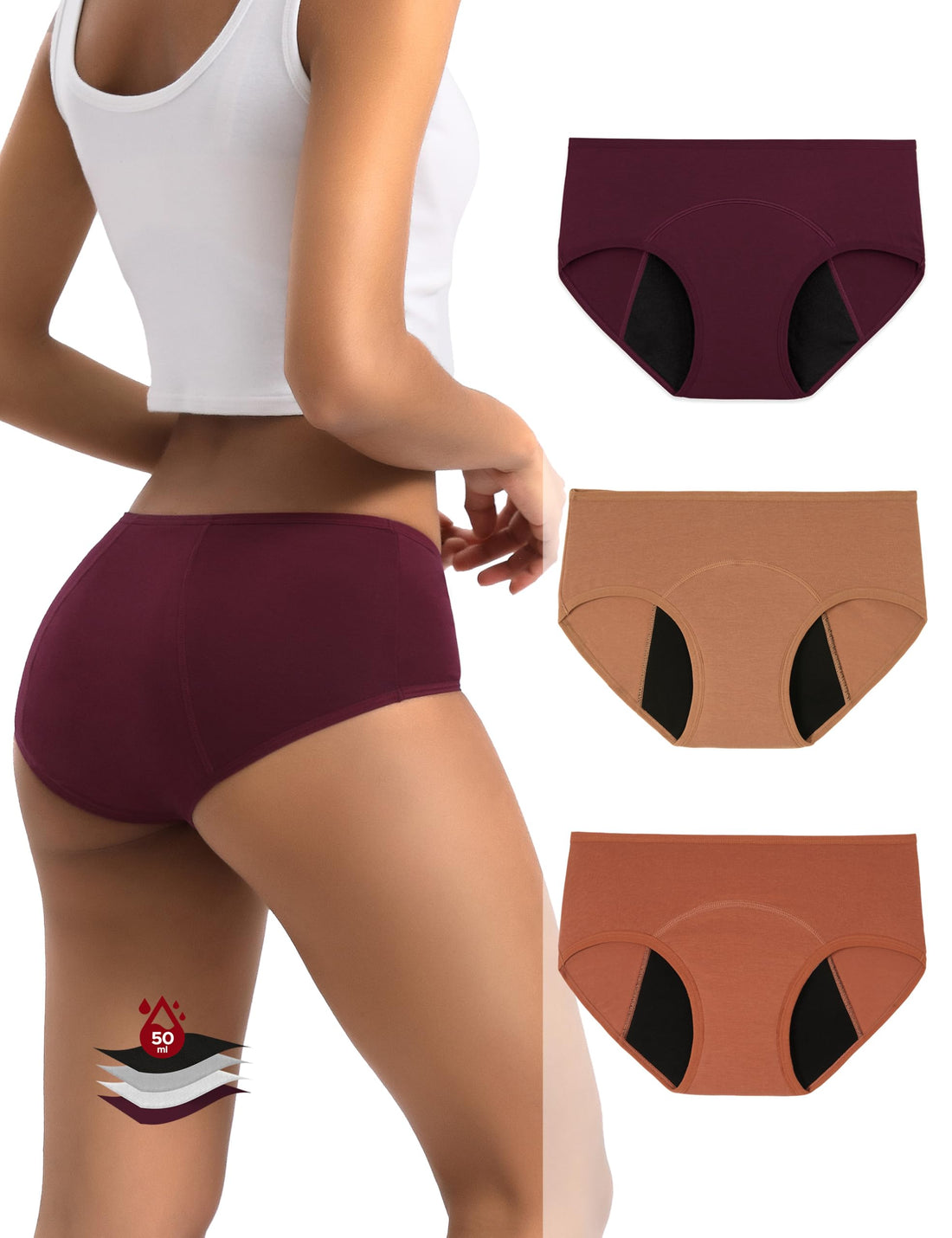 INNERSY Period Underwear for Women Teens Leak-Proof Menstrual Cotton Protective Hipster Panties 3-Pack