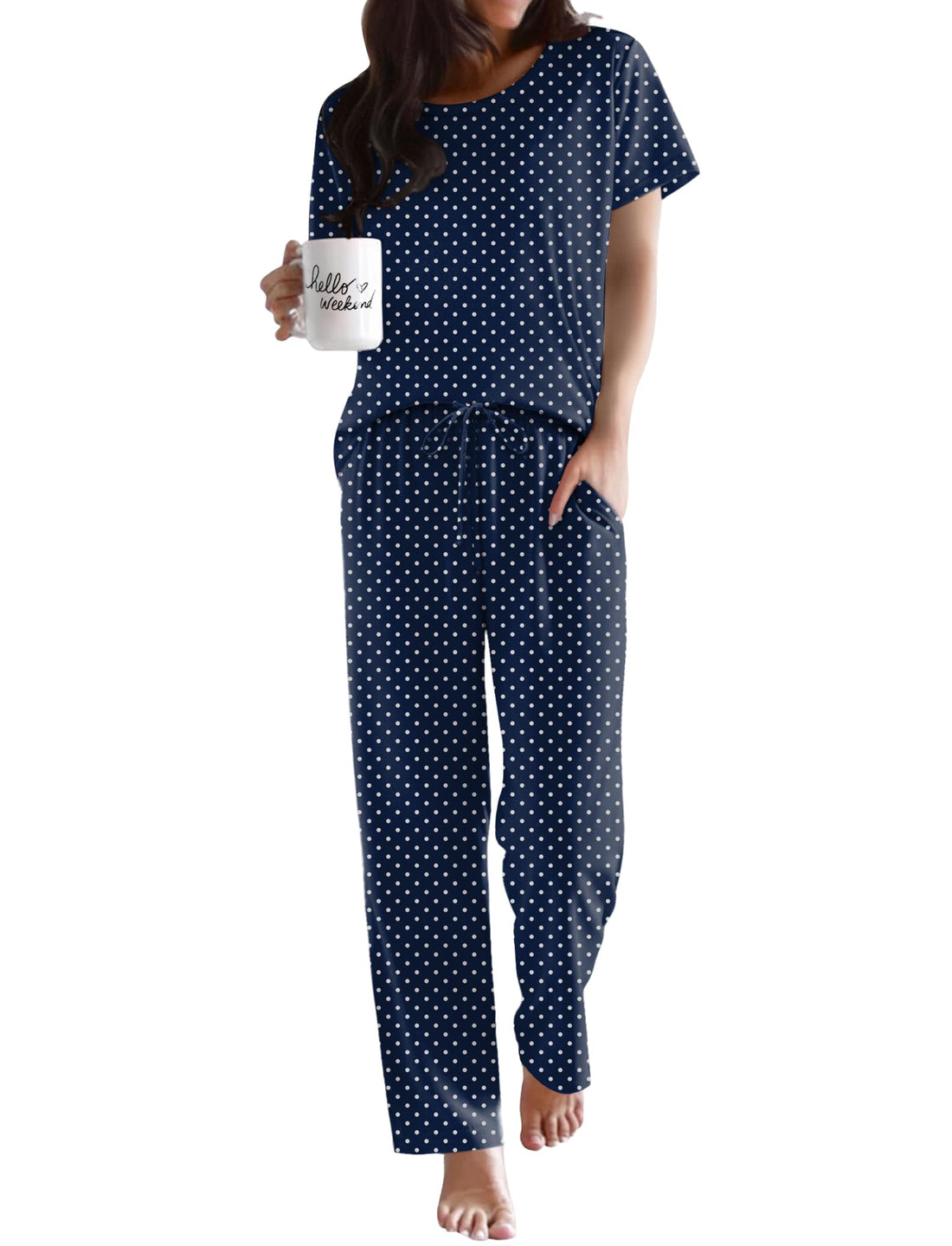 Ekouaer Womens Pajamas Sets Round Neck Pjs Loose Lounge Sets Sleepwear