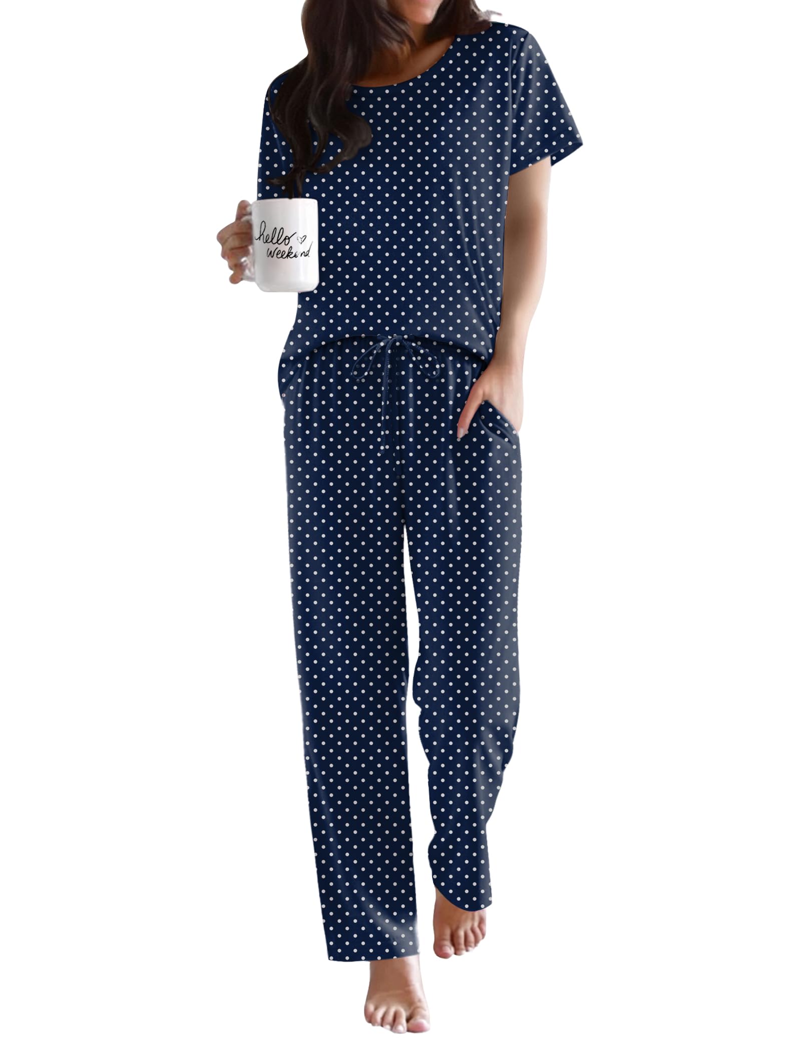 Ekouaer Womens Pajamas Sets Round Neck Pjs Loose Lounge Sets Sleepwear