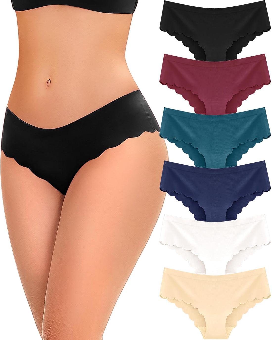 FINETOO 6 pack Seamless Underwear for Women Sexy Low Rise Hipster Wave Edge No Show Bikini Panties Womens Cheeky S-XL