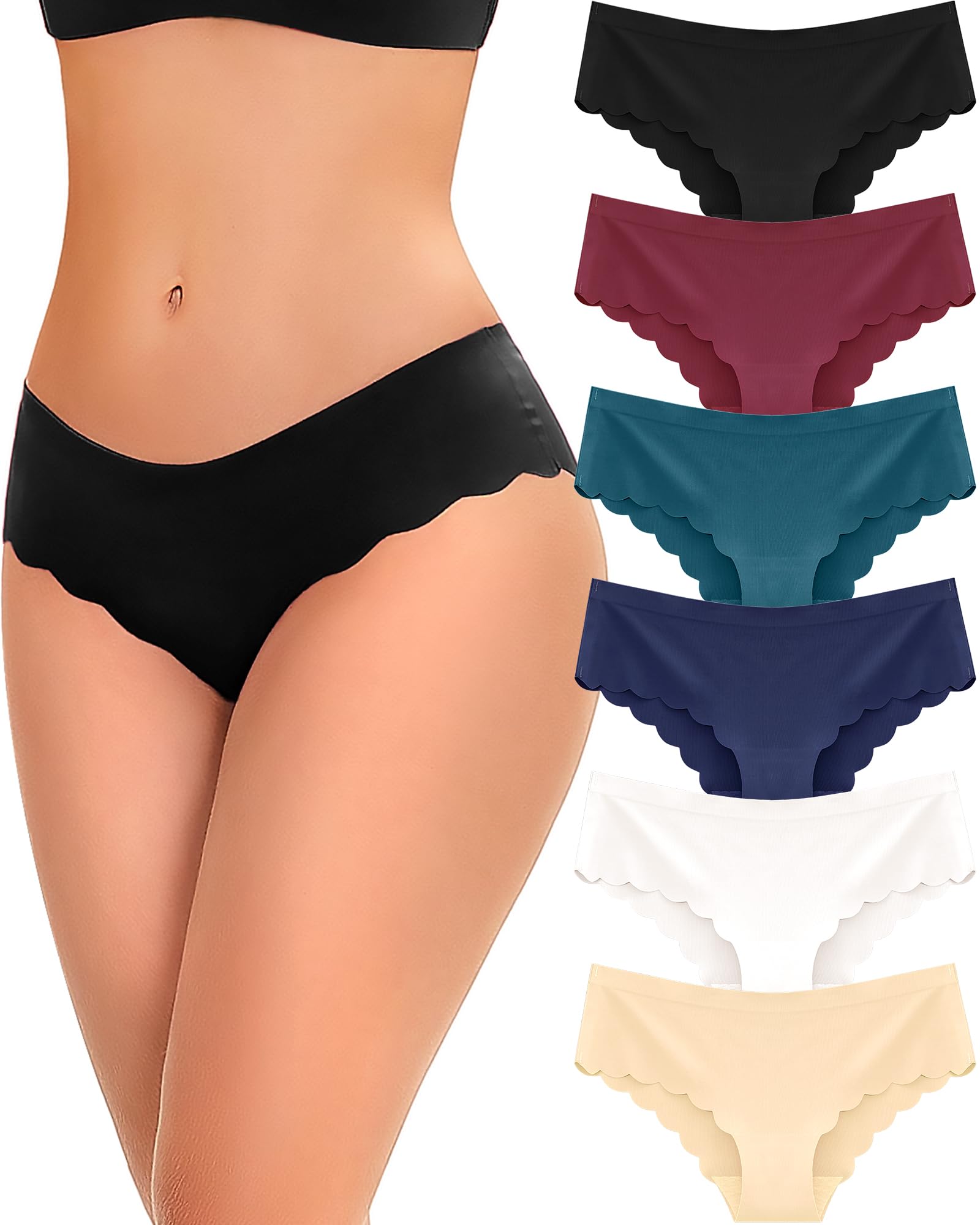 FINETOO 6 pack Seamless Underwear for Women Sexy Low Rise Hipster Wave Edge No Show Bikini Panties Womens Cheeky S-XL