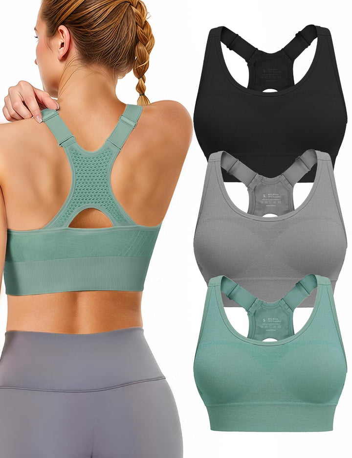 Adjustable Sports Bras for Women High Support, Padded Racerback Bra | 3 Pack High Impact Plus Size Supportive Push up Sport Bra for Large Bust Workout Running Gym Yoga