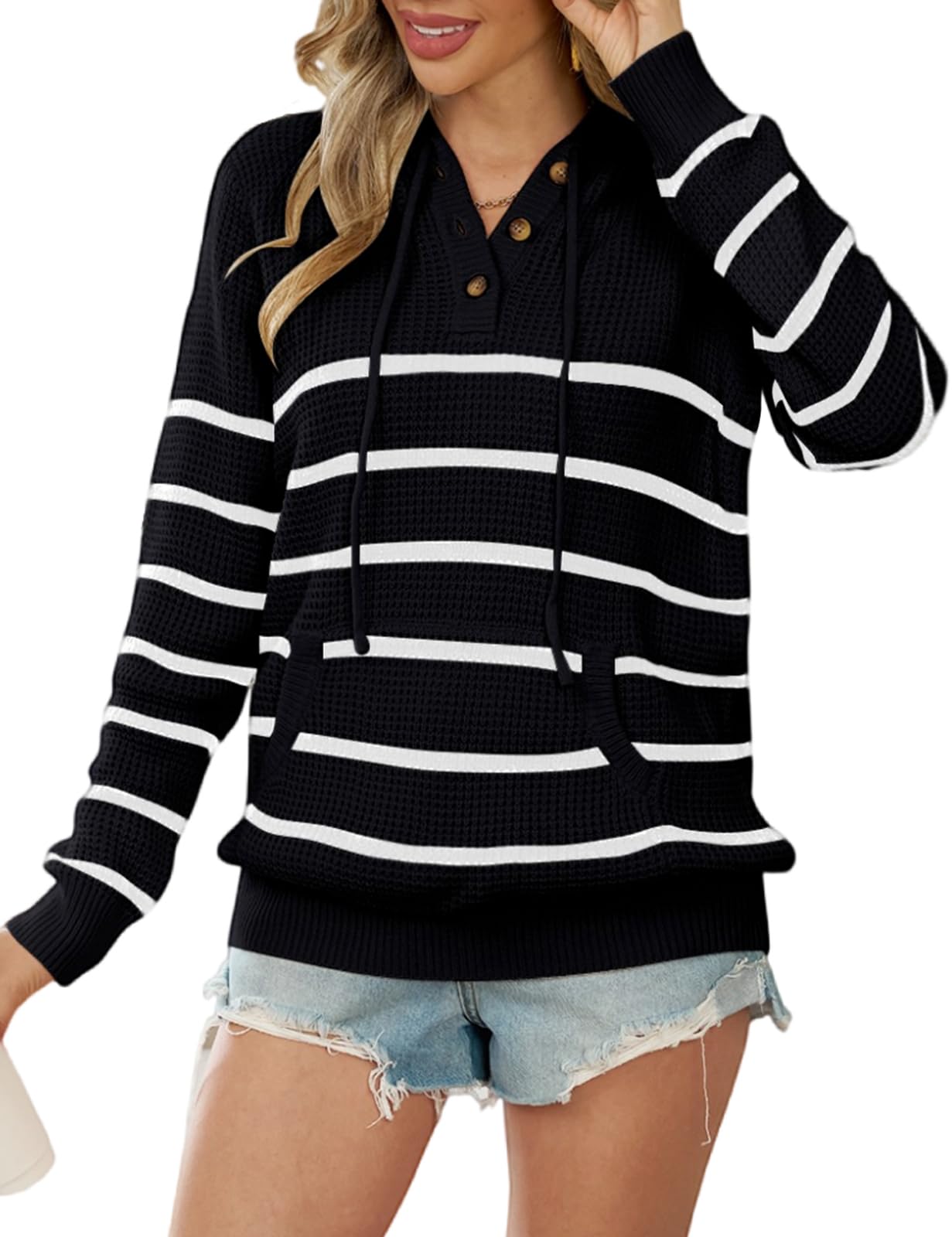 CiCiBird Women's Fall Hoodies Sweater V Neck Waffle Knit Top with Pocket | Loose Fit, V Neck Button, Adjustable Drawstring, Long Sleeve, Kangaroo Pocket, Weekend Errands, Daily Wear, Work Casual