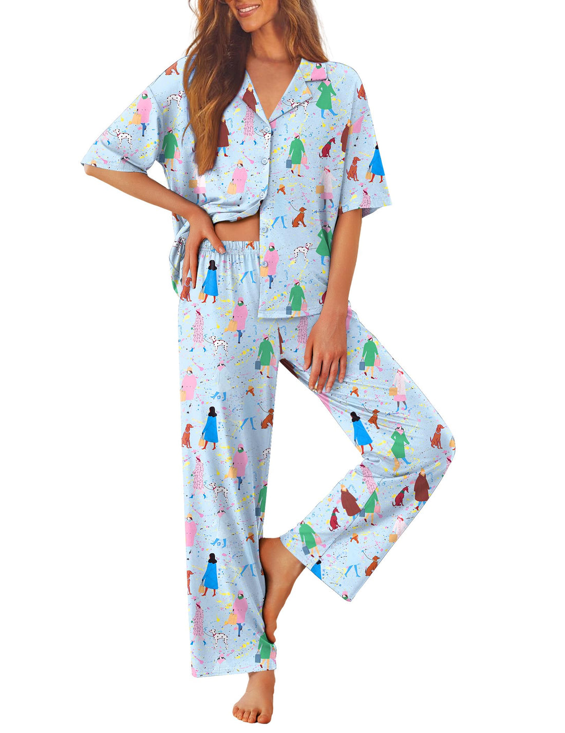 Ekouaer Women Pajamas Set Button Down Sleepwear Short Sleeve Pjs Long Pants