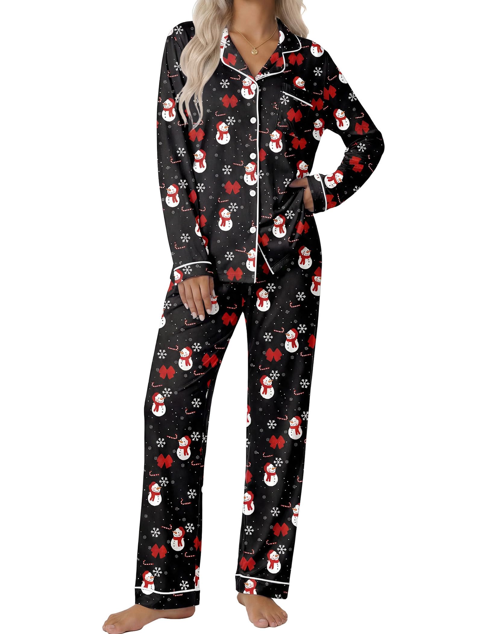 Ekouaer Women's Classic Long Sleeve Button Down Pajama Set
