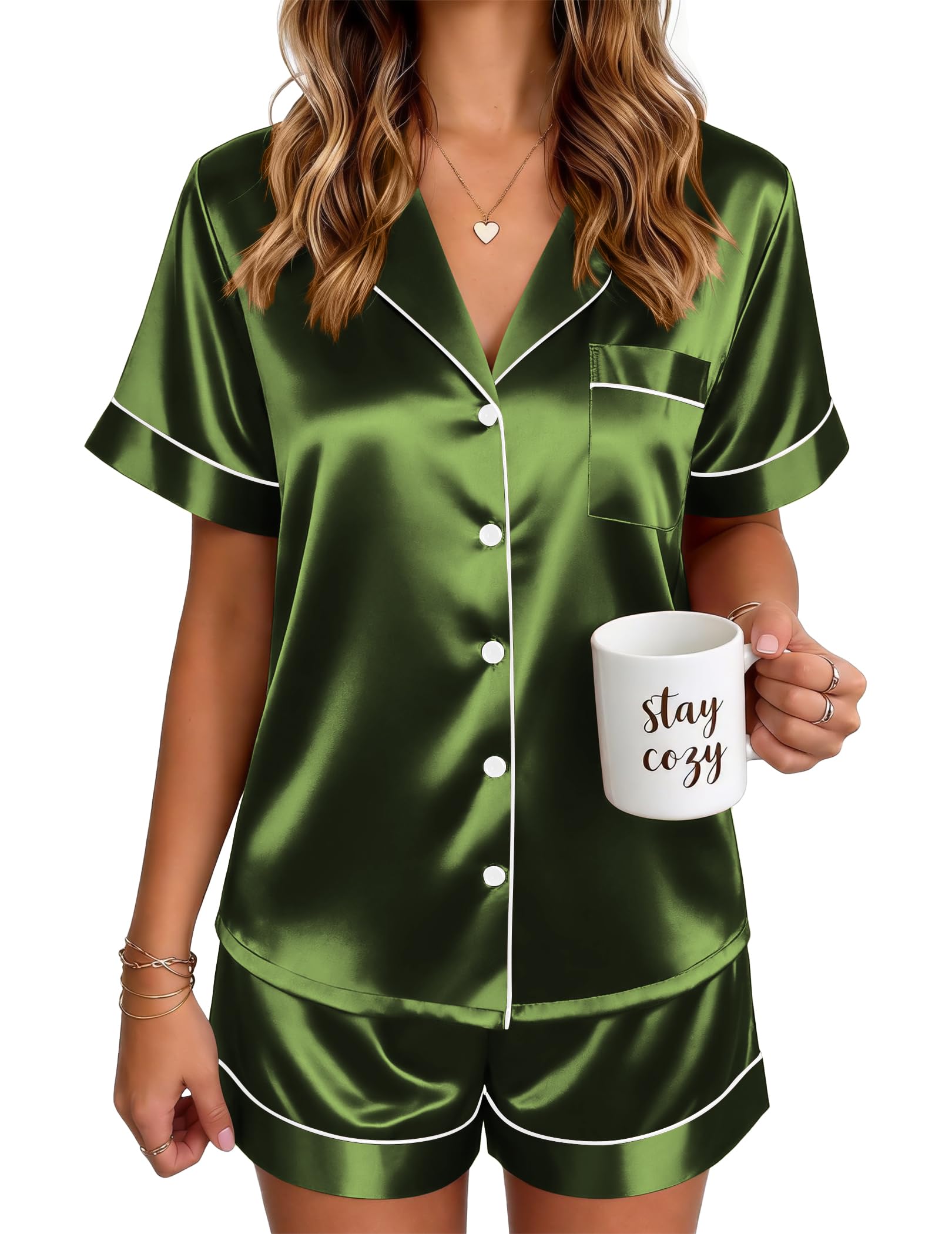 Ekouaer Satin Pajamas for Women Silk Pjs Short Set 2 Piece Lounge Sets